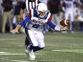 Montreal Alouettes quarterback Johnny Manziel (2) loses control of the ball before being able to throw it during first half CFL action against the Ottawa Redblacks, in Ottawa on Saturday, Aug. 11, 2018.