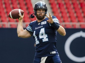 Toronto Argonauts quarterback McLeod Bethel-Thompson (14) practices before CFL action against the BC Lions, in Toronto on August 18, 2018.