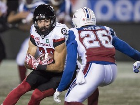 Redblacks wide-receiver Brad Sinopoli tries to get by Alouettes defensive-back Tyree Hollins last month. Sinopoli is having an outstanding season, Herb Zurkowsky writes.