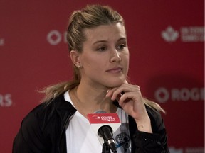 Montreal's Eugenie Bouchard listens to a journalist's question at a press conference at Uniprix Stadium in Montreal on Saturday, August 4, 2018, ahead of her participation in the Rogers Cup.
