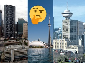 The skylines of Calgary, Toronto and Vancouver, which The Economist claims are liveable cities.