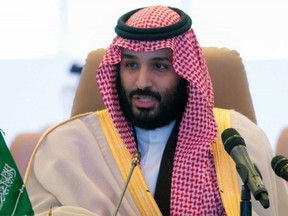In this Nov. 26, 2017, file photo released by the state-run Saudi Press Agency, Saudi Crown Prince Mohammed bin Salman speaks at a meeting of the Islamic Military Counterterrorism Alliance in Riyadh, Saudi Arabia.