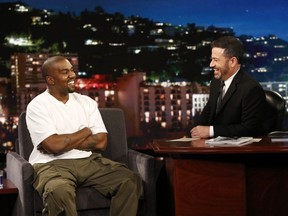In this image released by ABC, musician Kanye west, left, and host Jimmy Kimmel appear on the set of "Jimmy Kimmel Live!" in Los Angeles. West appeared on Thursday, Aug. 10, 2018 and discussed his support for Trump. He did not answer when Kimmel asked if the rapper thought Trump cares about black people, or any people at all.