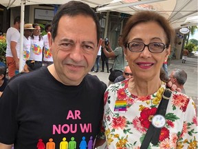 French politician Jean Luc Romero and Montrealer Liliane Laventure Burnett, the honorary "parraine" and "marraine" of the 2018 Pride parade in Mauritius in 2018. They are at the historic Pride Inter-Iles de l'Océan Indien 2018 gathering.