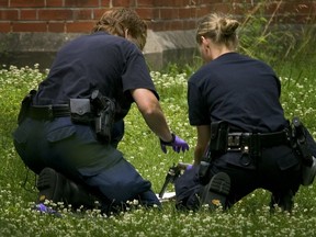 Members of the Montreal police investigative team pick up a hand gun found on church ground, next to where someone was shot and killed in N.D.G. in 2006.