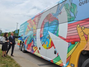 The Parti Québécois' campaign bus for the 2018 general election is...very colourful?