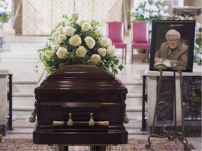 The coffin containing the remains of Paul Gerin-Lajoie is shown during his funeral at Mary Queen of the World Cathedral in Montreal, Thursday, August 9, 2018.THE CANADIAN PRESS/Graham Hughes ORG XMIT: GMH102