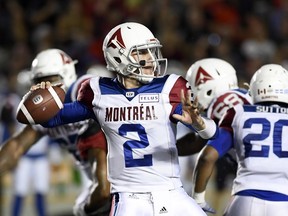 Montreal Alouettes quarterback Johnny Manziel (2) makes a pass during first half CFL action against the Ottawa Redblacks, in Ottawa on Saturday, Aug. 11, 2018.