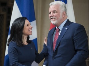 Montreal Mayor Valérie Plante and Liberal Leader Philippe Couillard at Montreal city hall in January 2018.