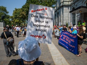 Protesters take part in a demonstration organized by FRAPRU in support of social housing outside Montreal City Hall in 2015.
