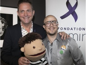 Jasmin Roy, left, president of the Jasmin Roy Sophie Desmarais Foundation, and Julien Leroux-Richardson at the launch of the trans puppet video series.