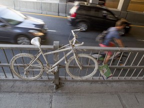 A "ghost bike" was placed on Montreal's St-Denis St. to mark the spot where cyclist Mathilde Blais was killed after being struck by a truck.