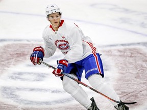 Canadiens 2018 first round draft choice Jesperi Kotkaniemi skates through a drill during rookie camp workout at the Bell Sports Complex in Brossard on Thursday.