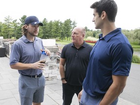 Montreal Canadiens' Jonathan Drouin, left, agent Allan Walsh and  team captain Max Pacioretty arrive for Drouin's charity golf tournament at Le Mirage in Terrebonne on Thursday, Sept. 6, 2018.