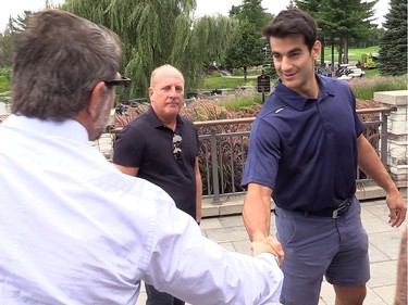 "...in return for Max Pacioretty" was the tail end of a trade announcement by @CanadiensMTL at 1 a.m. Sept. 10, 2018, hours ahead of the team golf tournament. Four days earlier, at Jonathan Drouin's benefit tournament, all eyes were on GM Marc Bergevin, left, as he shook hands with the man many had long — and correctly — speculated he wanted to cut loose.