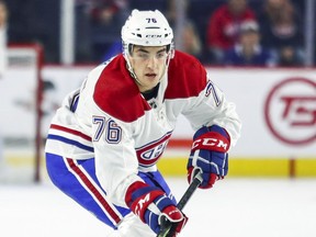 Canadiens' Josh Brook follows the action during third period of Rookie Challenge game against the Toronto Maple Leafs in Laval, north of Montreal Sunday September 9, 2018.  Brook was wearing P.K. Subban's old #76.