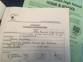 A field trip permission slip from John Rennie High School was sent home to parents last week but students were later informed the event was canceled due to school fee legal issues.