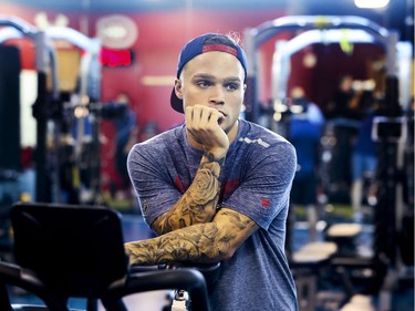 Newly-acquired Montreal Canadien Max Domi waits his turn during fitness testing on the first day of training camp at the Bell Sports Complex in Brossard on Thursday, Sept. 13, 2018.