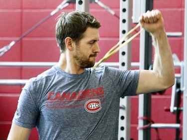 Montreal Canadiens Jeff Petry does an exercise with an elastic band during fitness testing on the first day of the Canadiens' training camp at the Bell Sports Complex in Brossard on Thursday, Sept.13, 2018.