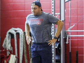 Karl Alzner performs a vertical jump during fitness testing on the first day of the Canadiens' training camp at the Bell Sports Complex in Brossard on Sept. 13, 2018. The 30-year-old was a healthy scratch for Saturday, Oct. 6, 2018, in Pittsburgh against the Penguins.