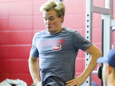 Artturi Lehkonen performs a vertical jump during fitness testing on the first day of the Canadiens' training camp at the Bell Sports Complex in Brossard on Thursday, Sept. 13, 2018.