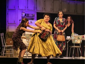 Kathleen Fortin (in yellow dress) plays Germaine in Les Belles-Soeurs with (left to right) Geneviève St-Louis, Geneviève Alarie, Evelyne Gélinas.