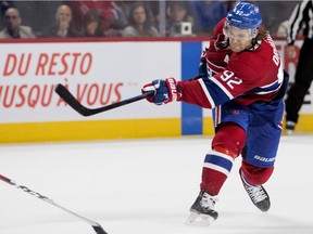 The Canadiens' Jonathan Drouin takes a slapshot during NHL preseason game against the Florida Panthers at the Bell Centre in Montreal on Sept. 19, 2018.