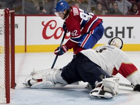 Jonathan Drouin has his shot thwarted by Panthers goaltender Roberto Luongo during second-period pre-season action at the Bell Centre Wednesday night.