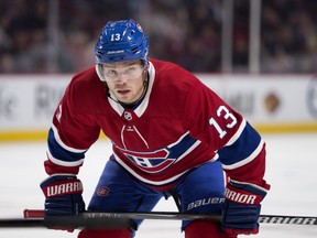 Montreal Canadiens' Max Domi waits for the puck to drop during NHL pre-season action against the Florida Panthers in Montreal on Sept. 19, 2018.