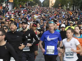 Runners hit the streets for the Montreal marathon on Sept. 23, 2018. A group of U.K. researchers identified “a pathological running gait” that is likely to contribute to injuries.
