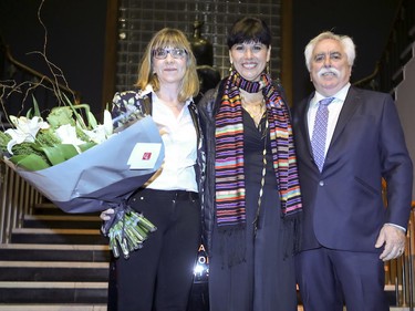 Nathalie Bondil, director general and chief curator of the Montreal Museum of Fine Arts, is flanked by movie producer Denise Robert and Mario Fortin, president and CEO of Cinéma Beaubien and Cinéma du Parc, at the opening of the Cinéma du Musée at the Montreal Museum of Fine Arts in Montreal Tuesday, Sept. 25, 2018.