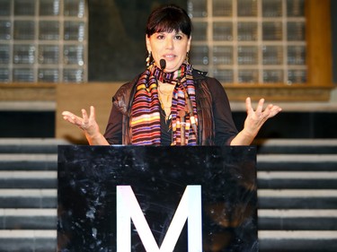 Nathalie Bondil, director general and chief curator of the Montreal Museum of Fine Arts, speaks to guests at the opening of the Cinéma du Musée at the Montreal Museum of Fine Arts in Montreal Tuesday Sept. 25, 2018.