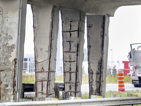 Exposed rebar in the support structures of the Chenin des Chenaux overpass in Vaudreuil-Dorion as of last September. The Highway 40 overpass has since been closed for structural issues.