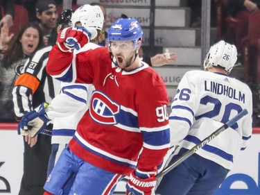 Tomas Tatar celebrates his goal against the Toronto Maple Leafs during first period of National Hockey League game in Montreal Wednesday, Sept. 26, 2018.