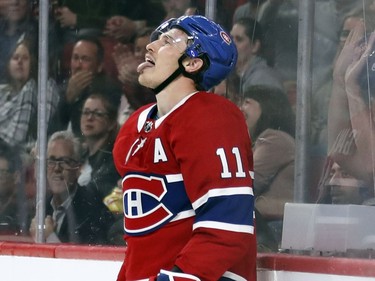 Brendan Gallagher sticks his tongue out in exasperation after missing a scoring chance during second period of National Hockey League game agains the Toronto Maple Leafs in Montreal Wednesday, Sept, 26, 2018.