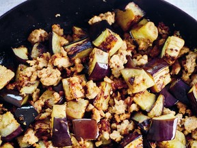 Eggplant is livened up with ground pork, ginger and soy sauce.