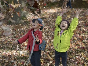 In 2017, five-year-old Ali Urmakeev and his sister Milana Urmakeeva play in the leaves on Mount Royal.
