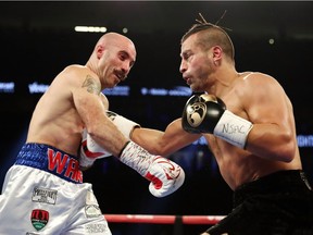 David Lemieux of Montreal punches Gary O'Sullivan in the first round during their middleweight bout at T-Mobile Arena on Sept. 15, 2018 in Las Vegas. Lemieux won by knockout in the first round.