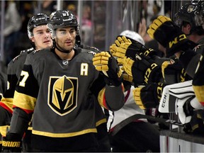 Max Pacioretty celebrates with Vegas Golden Knights teammates after scoring goal during 7-2 victory over the Arizona Coyotes in NHL pre-season action on Sept. 16, 2018 at T-Mobile Arena in Las Vegas.