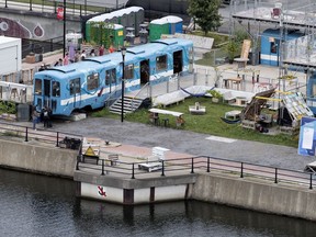 A cafe that features a retired Metro car is seen along the Lachine Canal in Montreal.