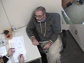 André Faivre of Lachine, pictured during police interrogation, was arrested in January 2016.
