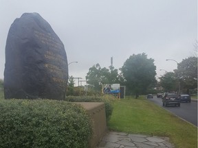 Liberal and Parti Québécois election signs have been placed near the Black Rock, a monument to the 6,000 poor Irish immigrants who escaped the Great Famine only to die of typhus in Montreal in 1847. After complaints, the PQ took down their signs but as of Wednesday morning, a Liberal sign remained.