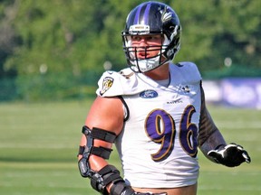Canadian defensive end Brent Urban attends Ravens training camp in Owings Mills, Md., in 2016.