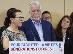 Liberal candidate Gertrude Bourdon speaks at a press conference with Quebec Liberal Leader Philippe Couillard in Quebec City, Sept. 26, 2018.