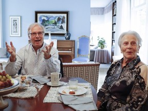 Parti Quebecois Leader Jean-François Lisée speaks with his mother Andrée Goulet at his childhood home in Thetford Mines, Sunday, Sept. 30, 2018.