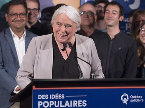 Québec solidaire co-spokesperson Manon Massé speaks during a news conference in Montreal on Sunday, Sept. 30, 2018.