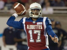 Montreal Alouettes quarterback Antonio Pipkin throws the ball against the Toronto Argonauts in Montreal on Aug. 24, 2018.