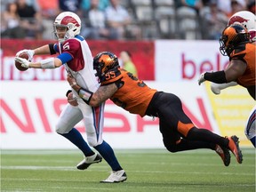Alouettes quarterback Drew Willy was sacked by Lions' Gabriel Knapton earlier this season. Now with the ALs, Knapton wants to beat his old team.