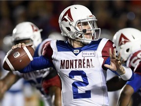 Montreal Alouettes quarterback Johnny Manziel makes a pass during first half against the Ottawa Redblacks, in Ottawa on Aug. 11, 2018.