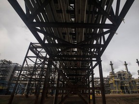 Pipes leading to a processing unit at Suncor Fort Hills facility in Fort McMurray Alta, which opened on Monday.